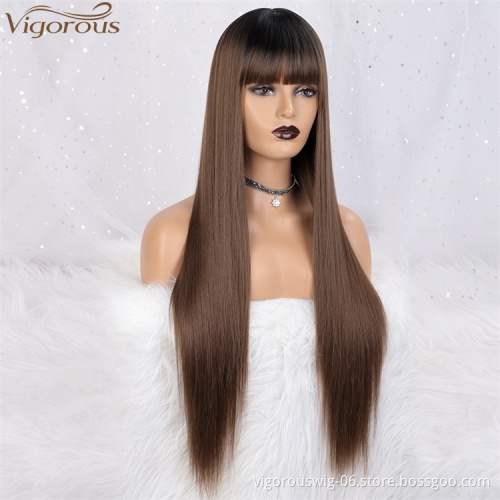 Vigorous Ombre Black Roots To Brown Middle Part Long Silky Straight Wig With Bangs Lace Front Synthetic Hair Wig